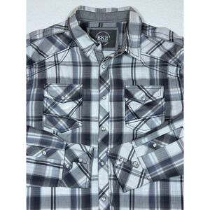 BKE Athletic Fit Plaid Snap Front Western Shirt Men XL Gray White Blue